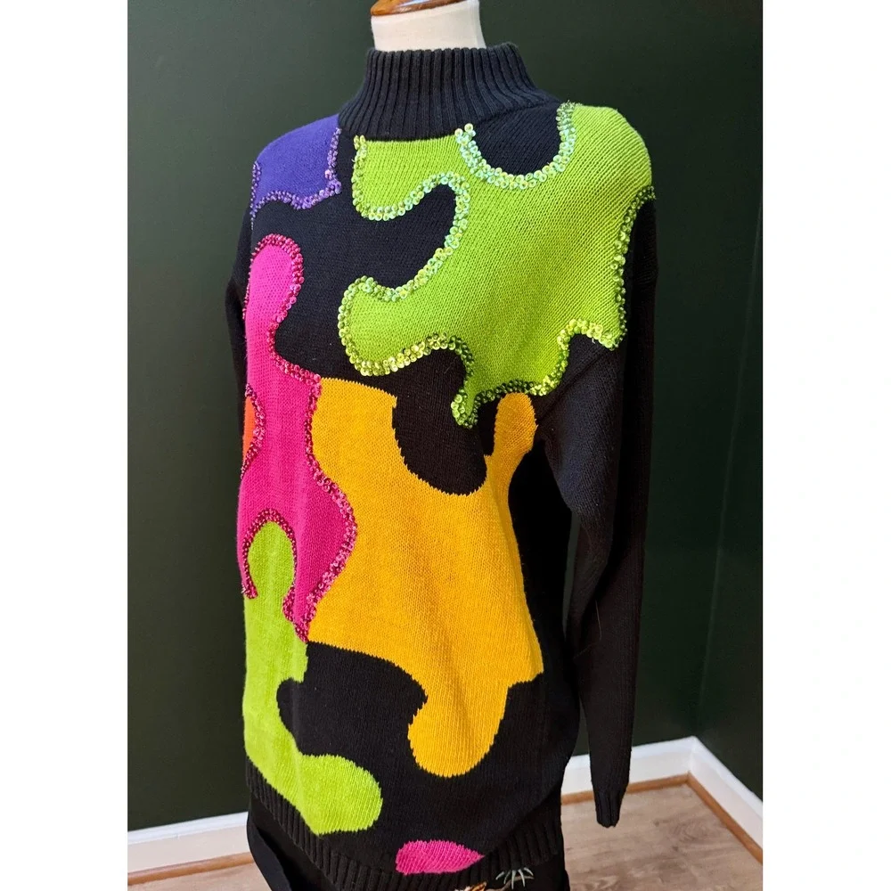 Vintage Santoria 1992 Funky Puzzle‎ Piece Sequin Turtleneck Sweater Dress M